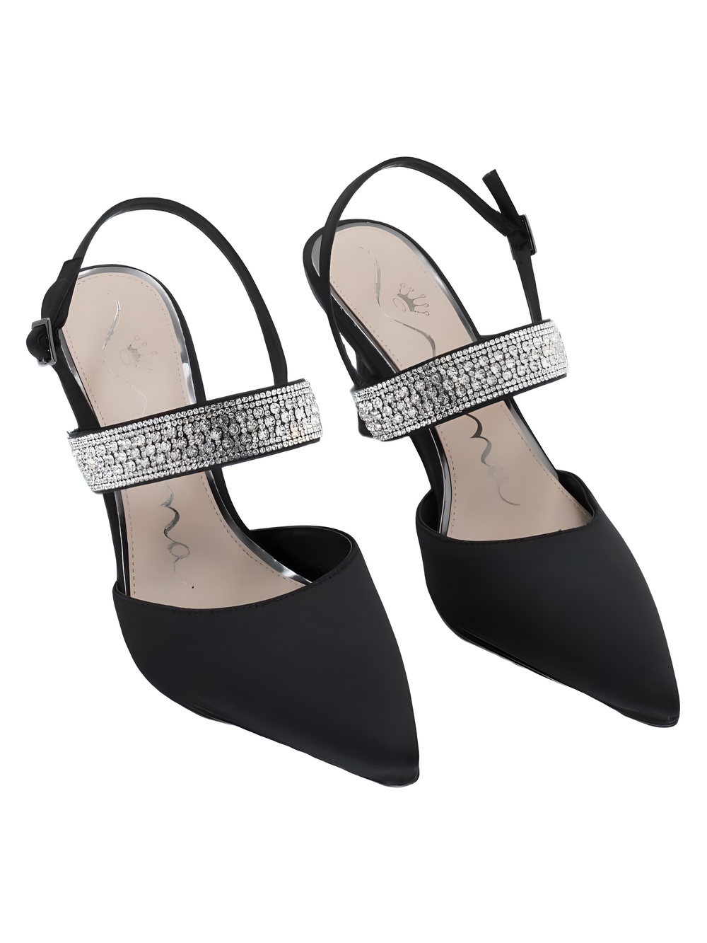 Nina Trista Pointed Toe Black Luster Satin Rhinestone Pumps Size 7.5